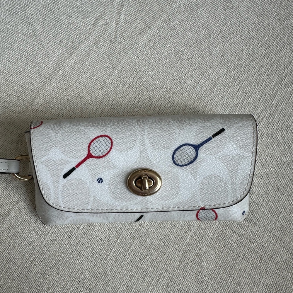 Coach White Tennis Racket Print Sunglasses case with Gold Turnlock
